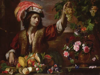 Junger Mann mit Federhut und Stillleben